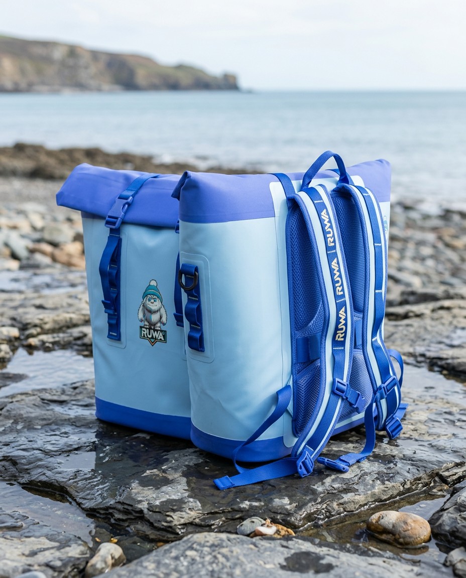 Dos mochilas Ice Keeper sobre rocas húmedas, en la orilla del mar