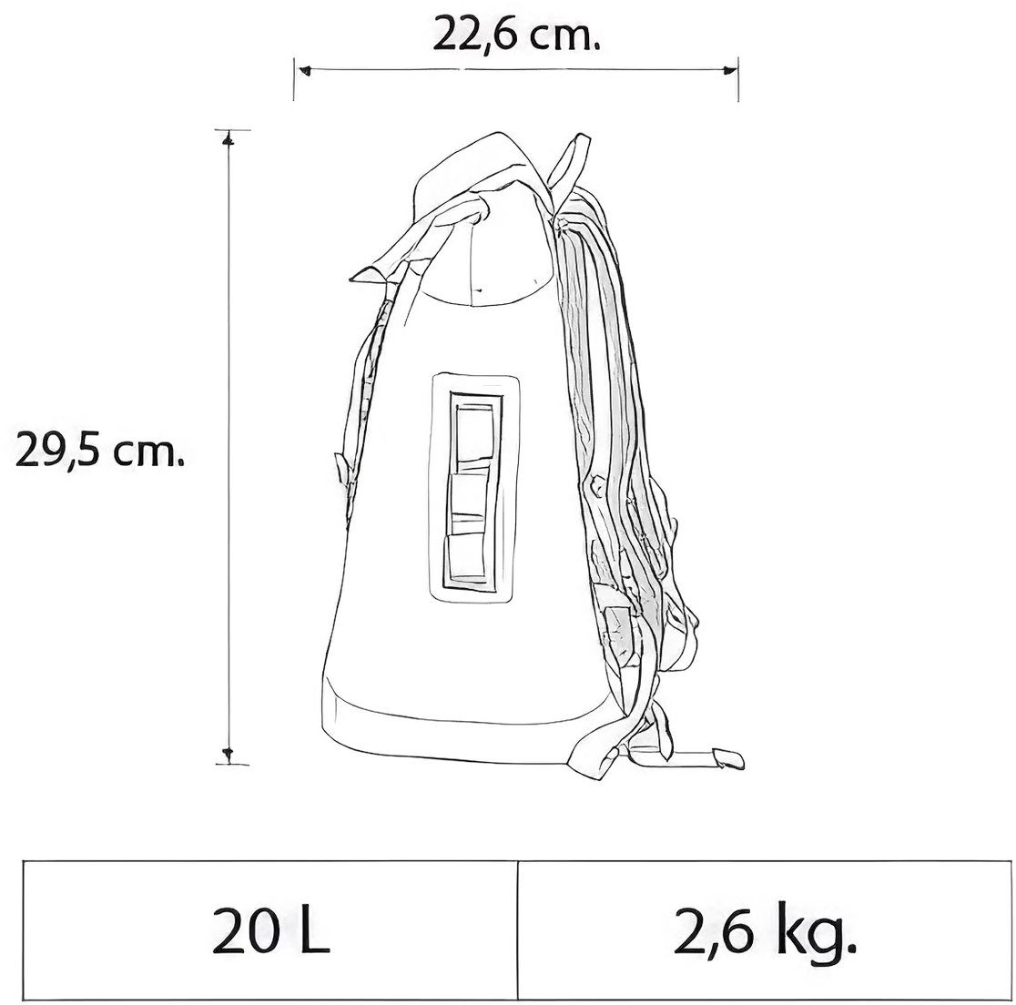Esquema oficial de la Ice Keeper con las medidas de 29,5 cm y 22,6 cm, 20 litros y 2,6 kg